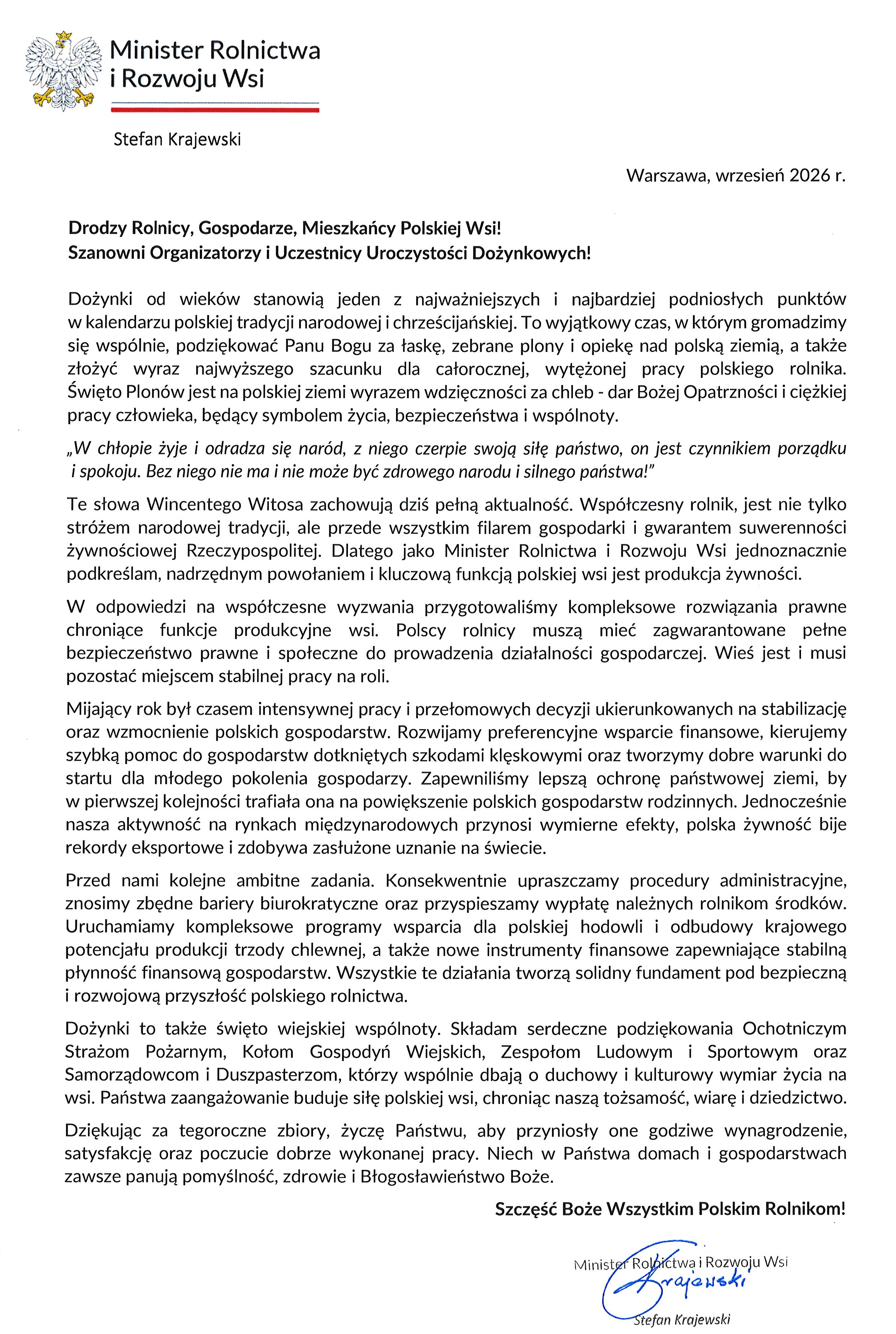 Podziękowanie Ministra Rolnictwa i&nbsp;Rozwoju Wsi &ndash; Stefana Krajewskiego
