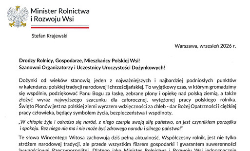 Podziękowanie Ministra Rolnictwa i Rozwoju Wsi – Stefana Krajewskiego