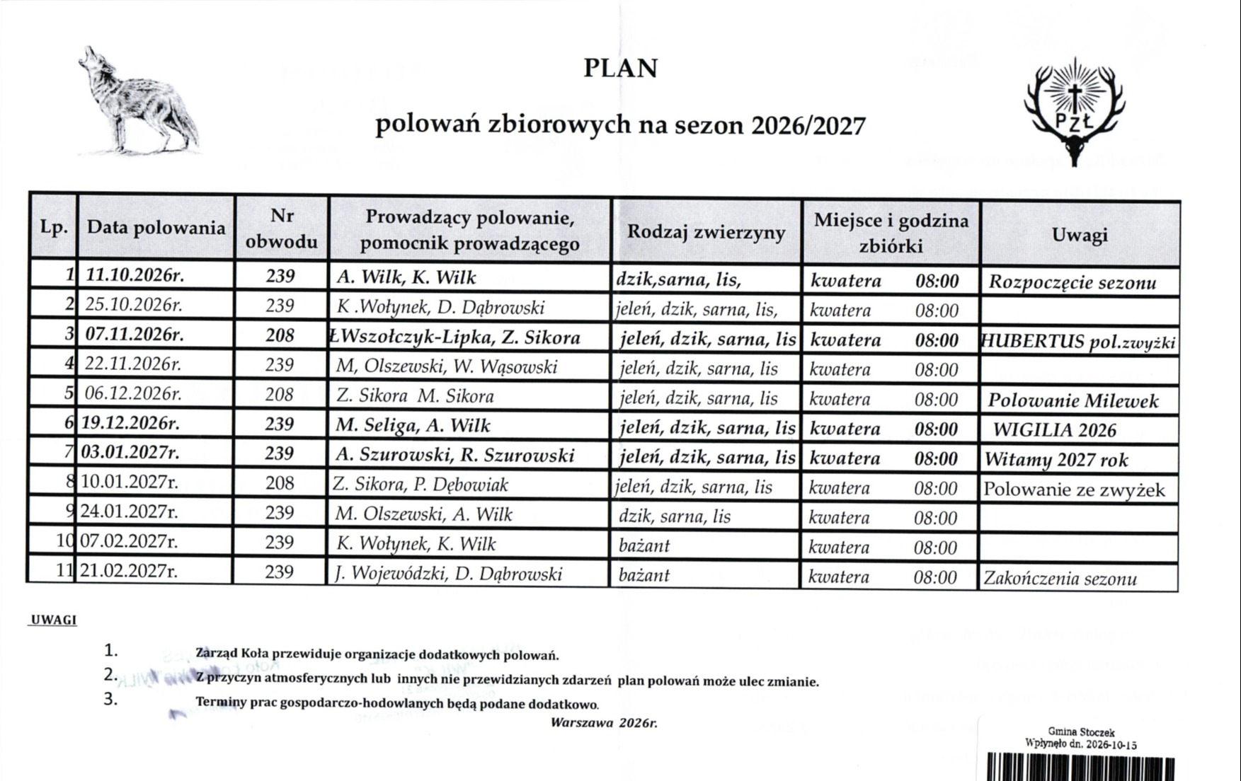 Koło Łowieckie ,,WILK"- Plan polowań zbiorowych sezon 2026/2027